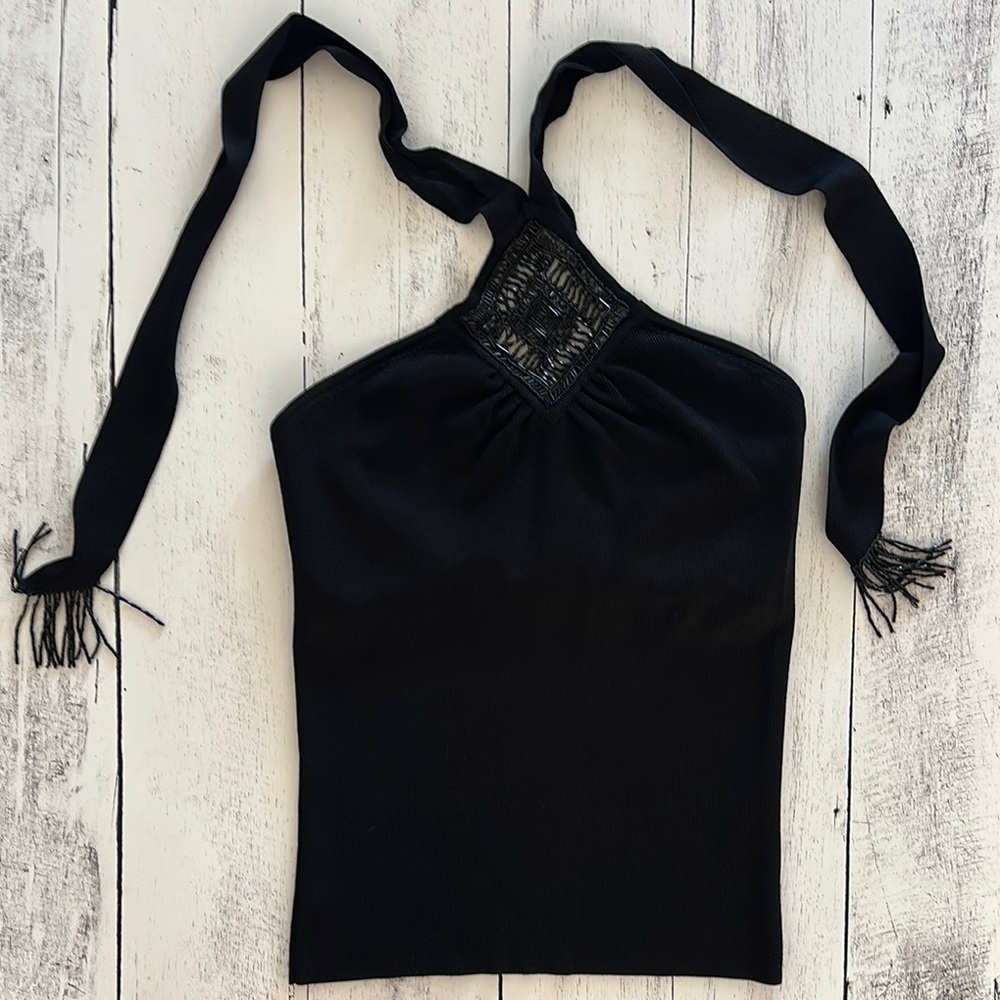 Black Halter Neck Beaded Accent Women's Top